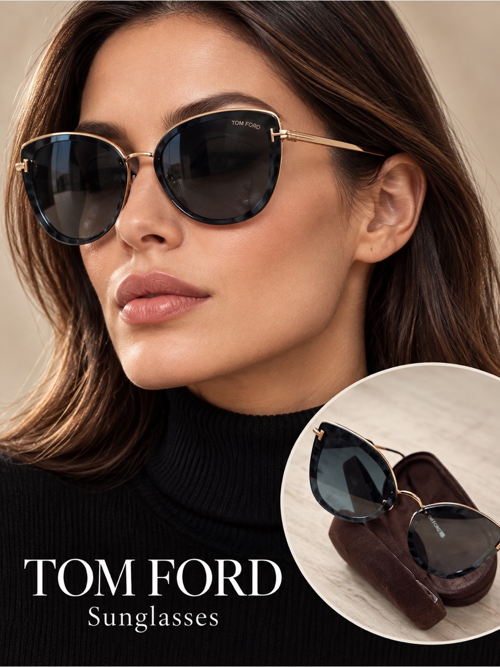 Tom Ford Women's Black Frame Sunglasses with Gold Temples
